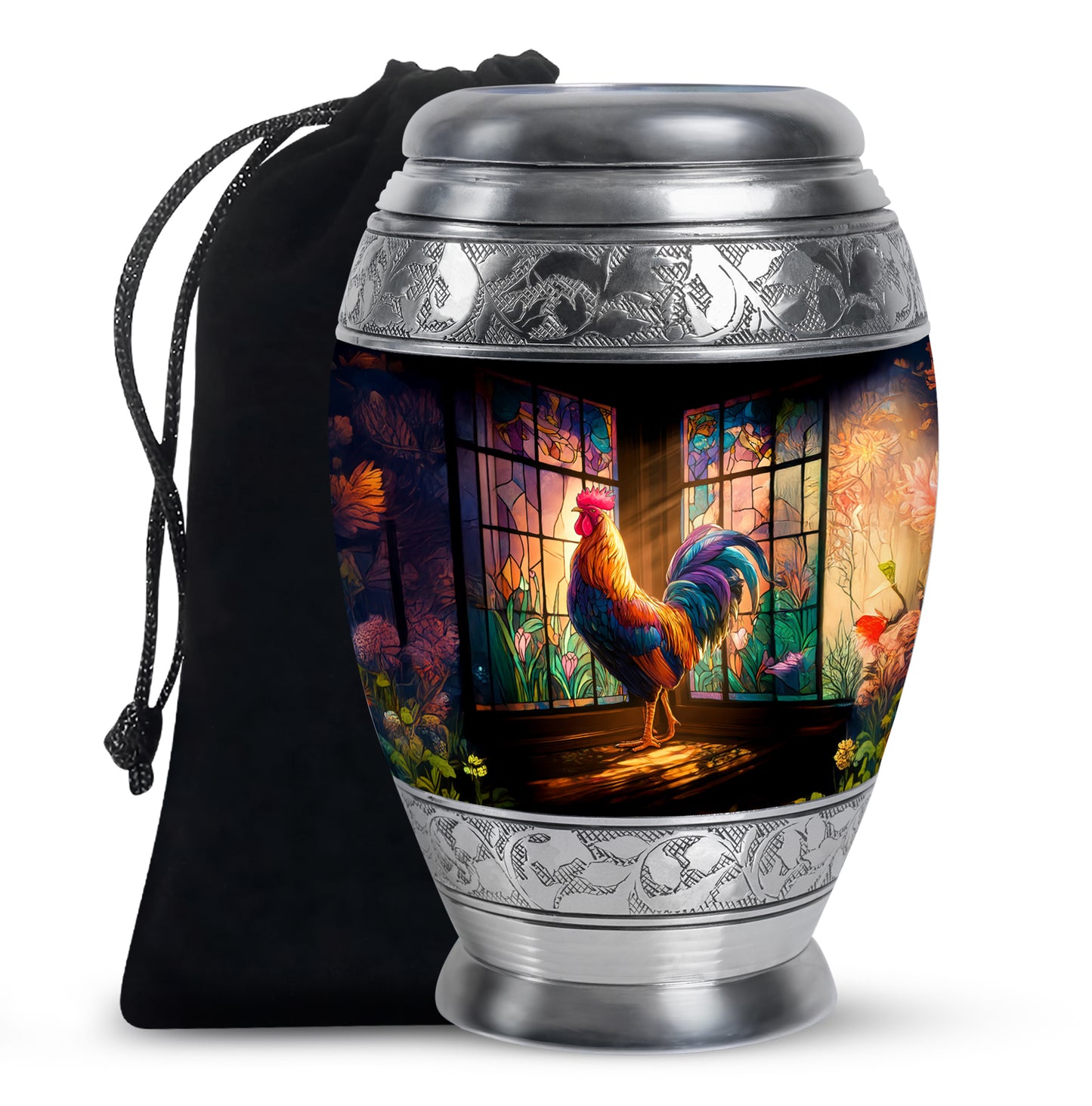 Charcoal Black Hen Cremation Urn back view with polished surface - majestic hen pattern with filigree border - full-size 10 inch 200 cubic inch adult cremation urn