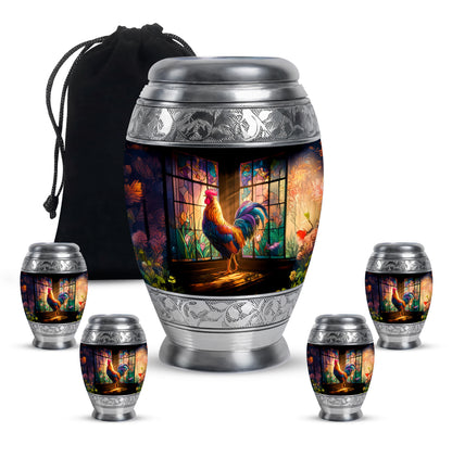 Charcoal Black Hen Cremation Urn detail view - royal hen engraving with decorative scrollwork - memorial set with one large and four small urns