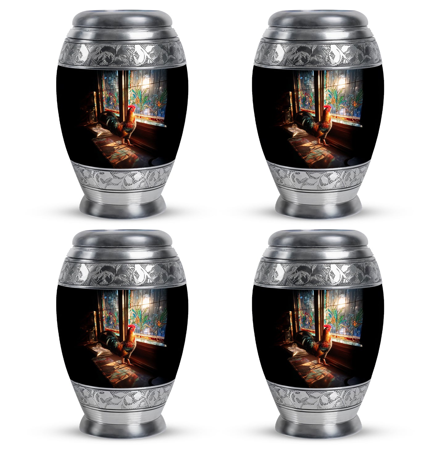 Deep Black Hen Cremation Urn urn with complimentary velvet bag - ornate monarch-style hen relief on brushed aluminum - 10 inch aluminum urn for cremated remains