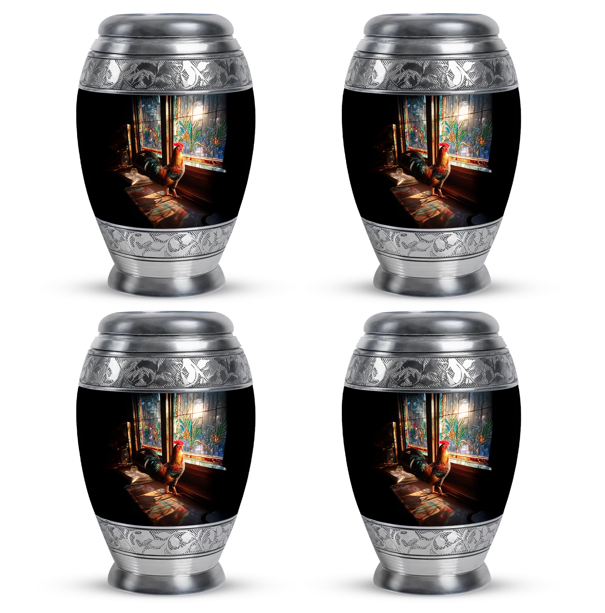 Deep Black Hen Cremation Urn urn with complimentary velvet bag - ornate monarch-style hen relief on brushed aluminum - 10 inch aluminum urn for cremated remains