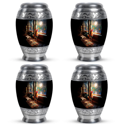 Deep Black Hen Cremation Urn urn with complimentary velvet bag - ornate monarch-style hen relief on brushed aluminum - 10 inch aluminum urn for cremated remains
