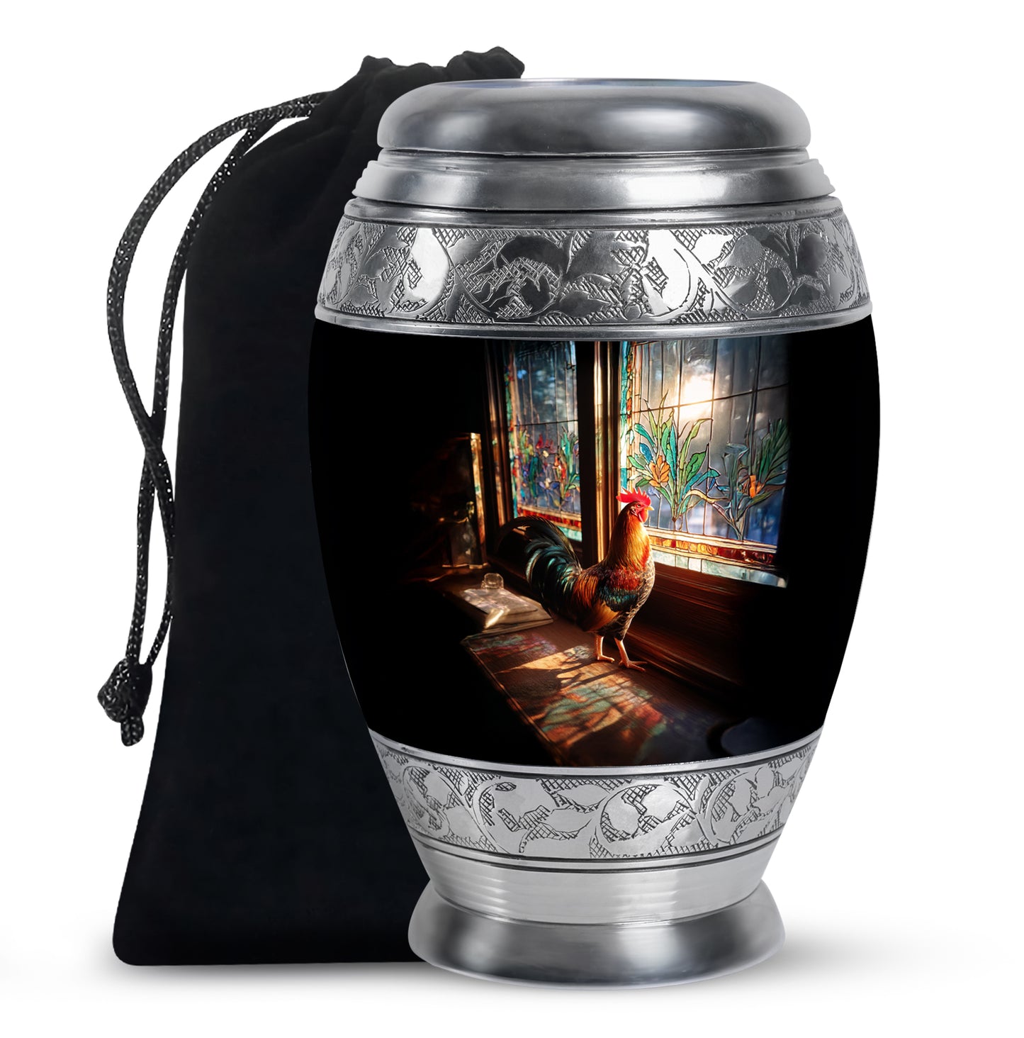 Deep Black Hen Cremation Urn back view with polished surface - regal hen design with crown-inspired accents - full-size 10 inch 200 cubic inch adult cremation urn