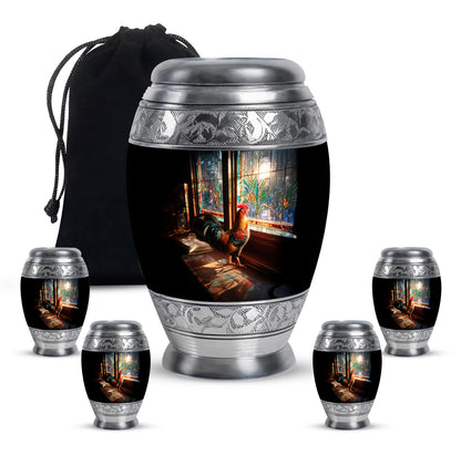 Ebony Hen Cremation Urn detail view - regal hen design with crown-inspired accents - memorial set with one large and four small urns
