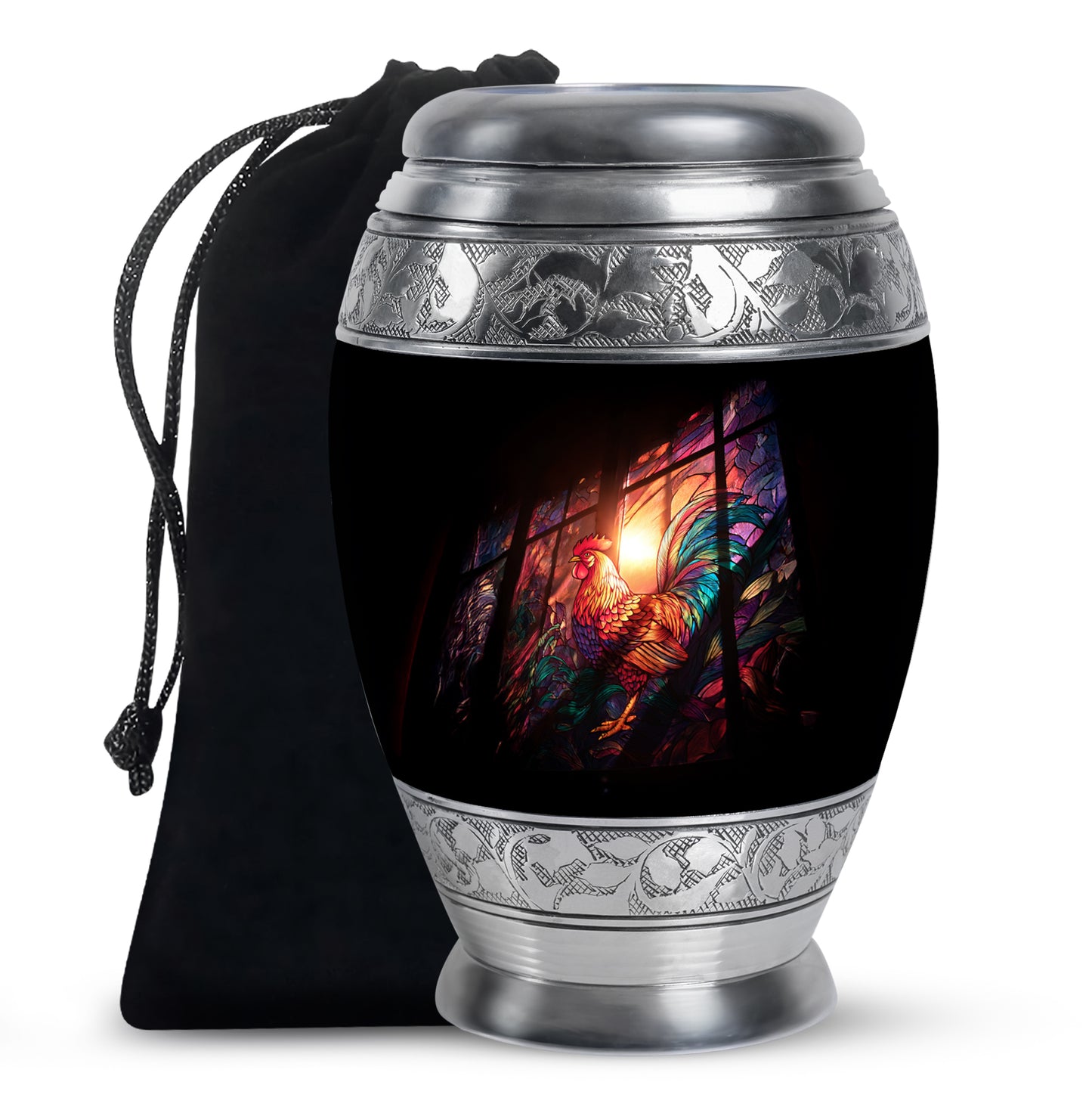 Deep Black Hen Cremation Urn back view with polished surface - regal hen design with crown-inspired accents - full-size 10 inch 200 cubic inch adult cremation urn