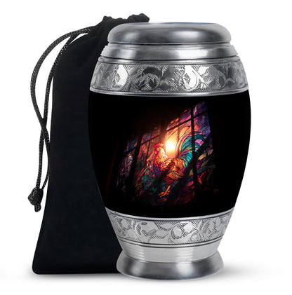 Deep Black Hen Cremation Urn back view with polished surface - regal hen design with crown-inspired accents - full-size 10 inch 200 cubic inch adult cremation urn