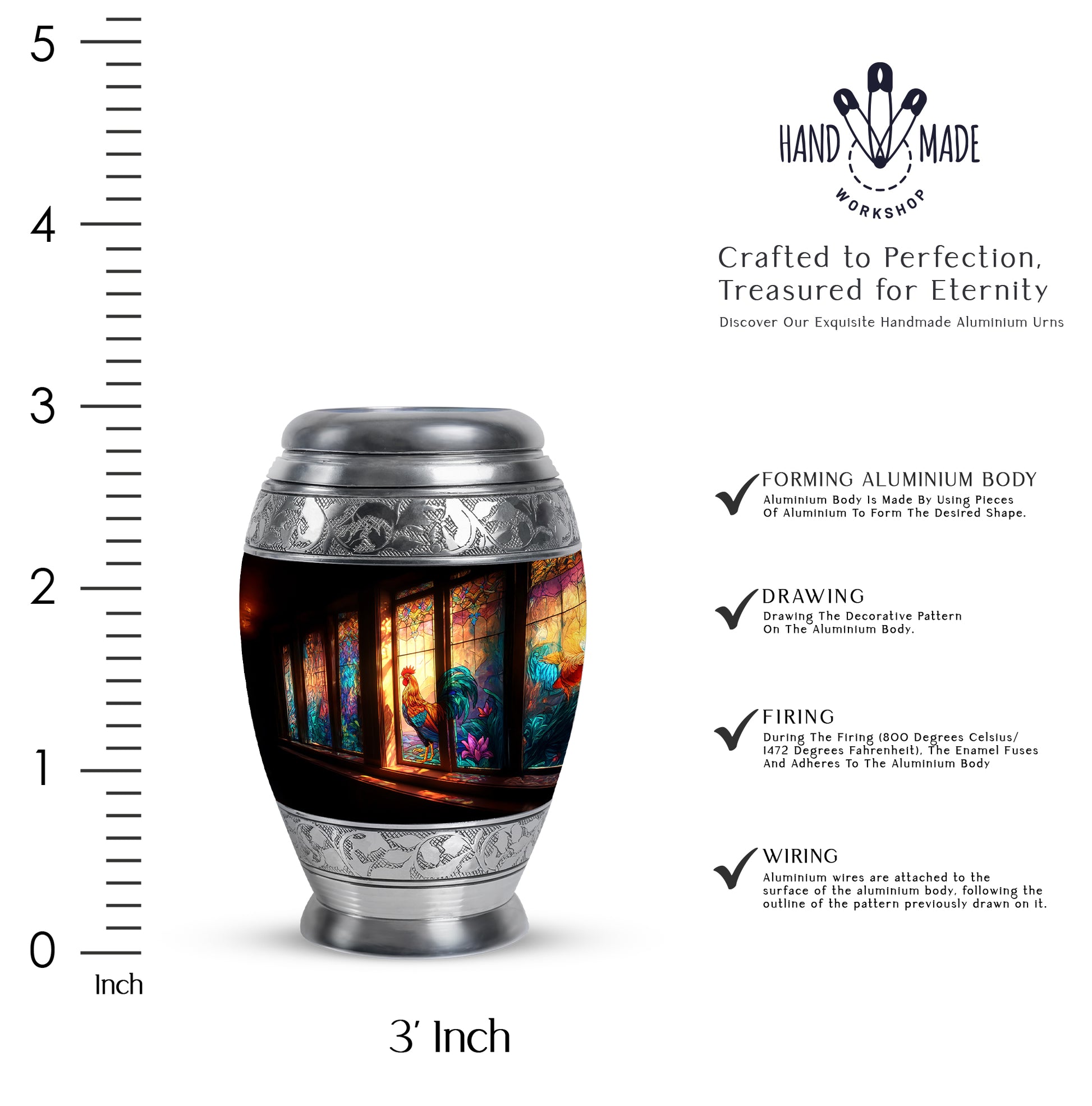 Charcoal Black Hen Cremation Urn lifestyle display on memorial shelf - royal hen engraving with decorative scrollwork - mini keepsake memorial for portion of cremation ashes