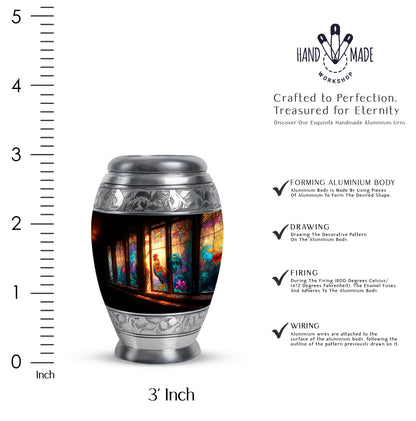 Charcoal Black Hen Cremation Urn lifestyle display on memorial shelf - royal hen engraving with decorative scrollwork - mini keepsake memorial for portion of cremation ashes