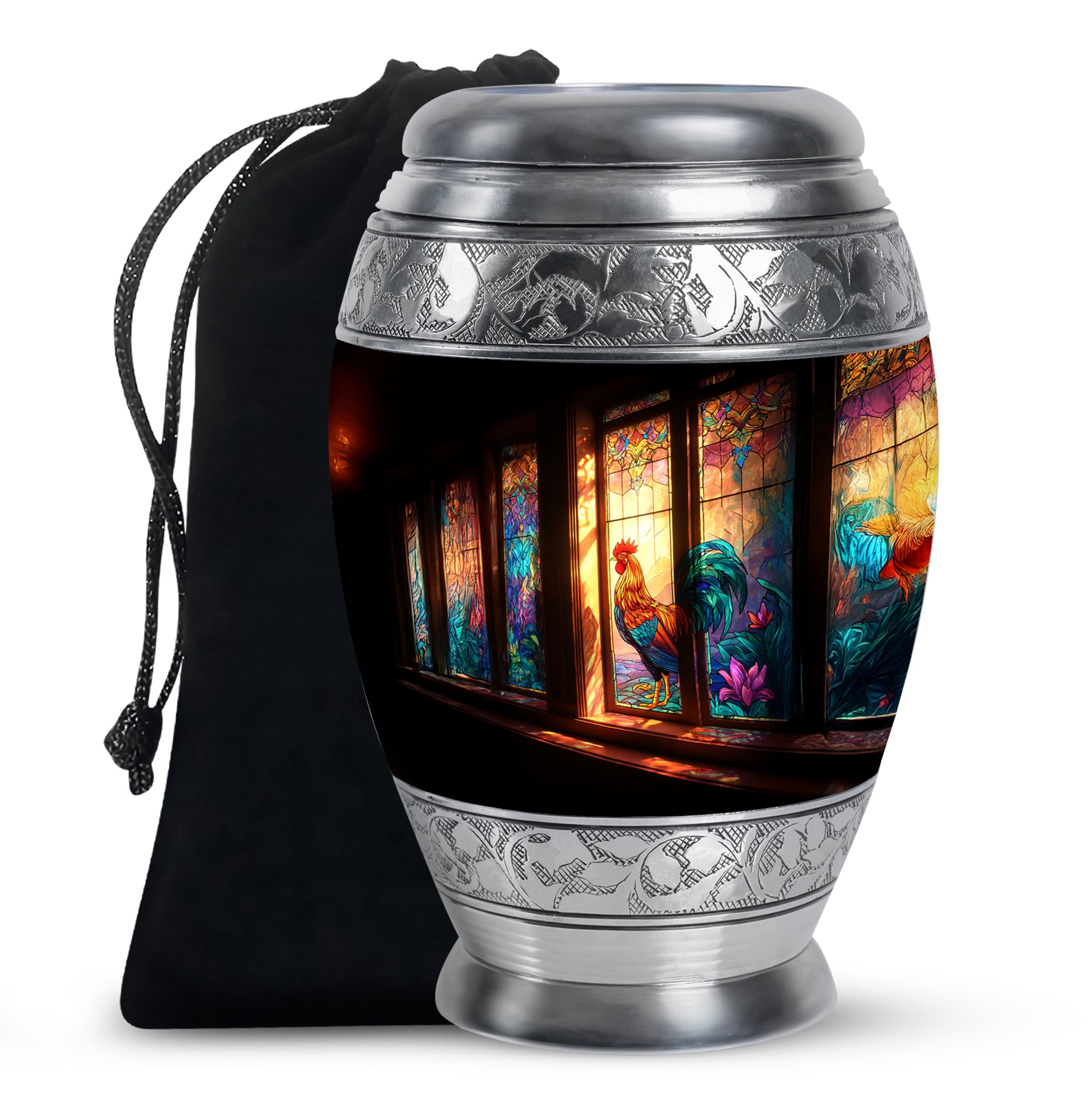 Rich Black Hen Cremation Urn back view with polished surface - ornate monarch-style hen relief on brushed aluminum - full-size 10 inch 200 cubic inch adult cremation urn