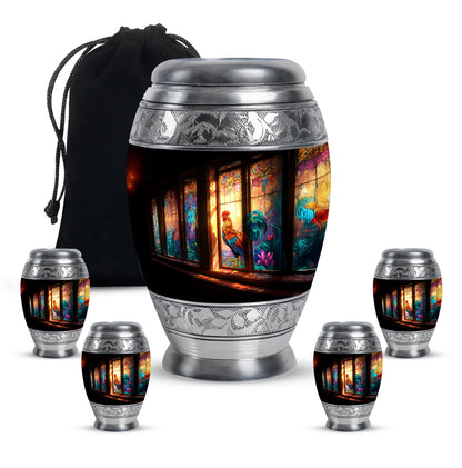Glossy Black Hen Cremation Urn detail view - regal hen design with crown-inspired accents - memorial set with one large and four small urns