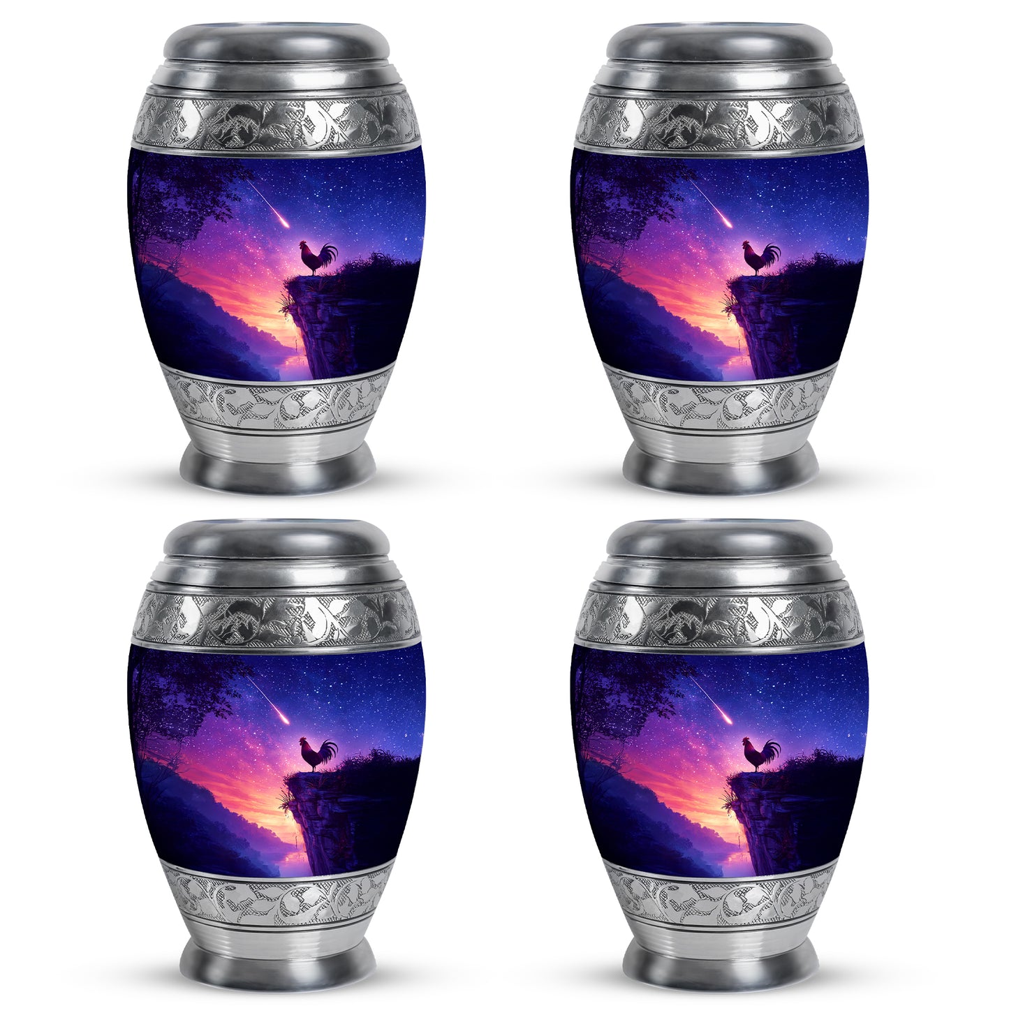Sapphire Blue Hen Cremation Urn urn with complimentary velvet bag - majestic hen pattern with filigree border - 10 inch aluminum urn for cremated remains