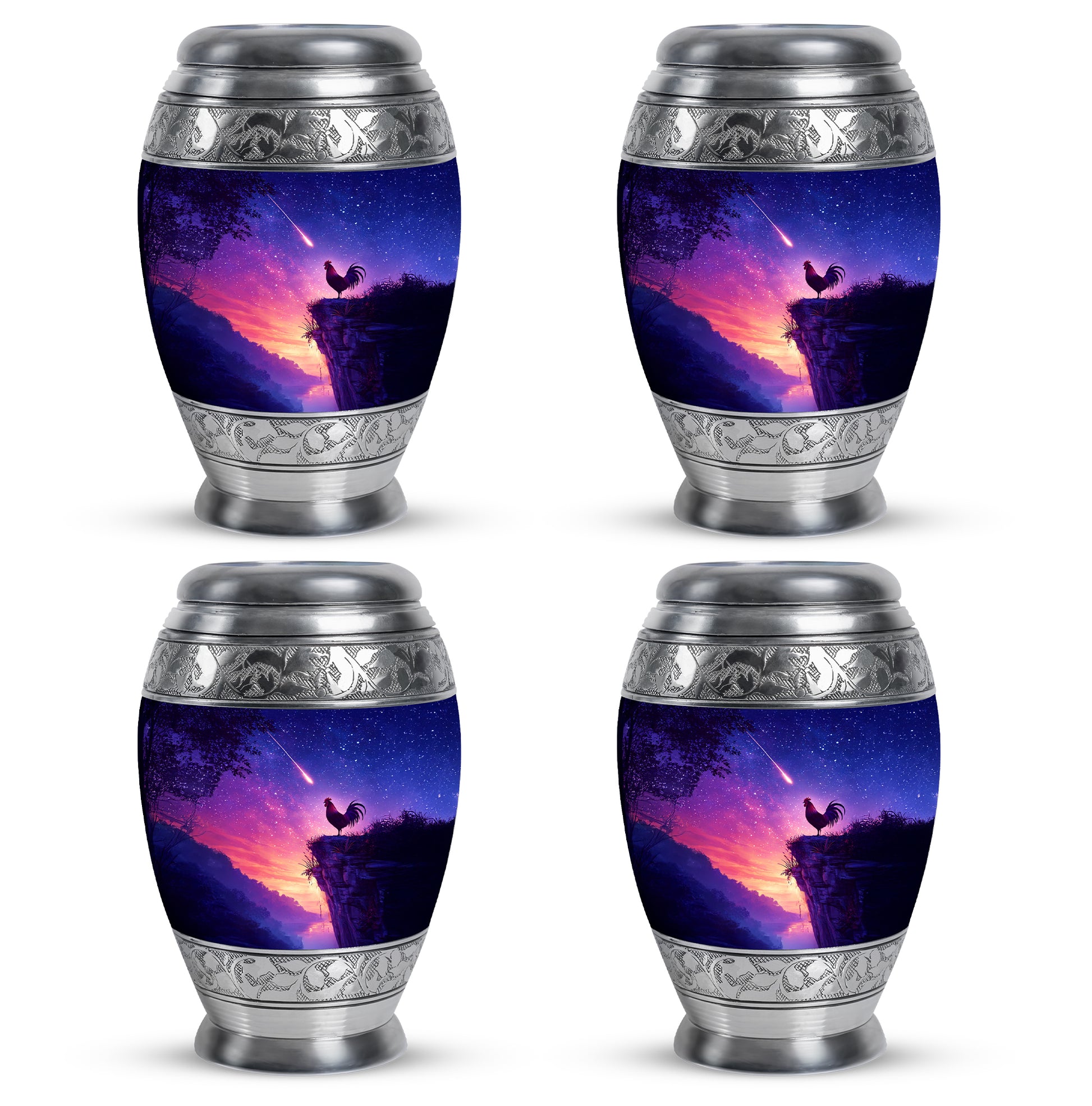 Sapphire Blue Hen Cremation Urn urn with complimentary velvet bag - majestic hen pattern with filigree border - 10 inch aluminum urn for cremated remains