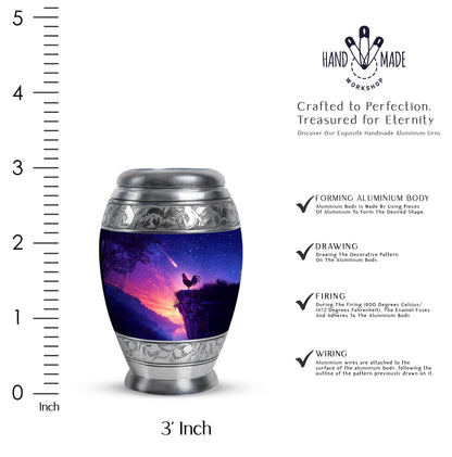 Indigo Hen Cremation Urn lifestyle display on memorial shelf - regal hen design with crown-inspired accents - mini keepsake memorial for portion of cremation ashes