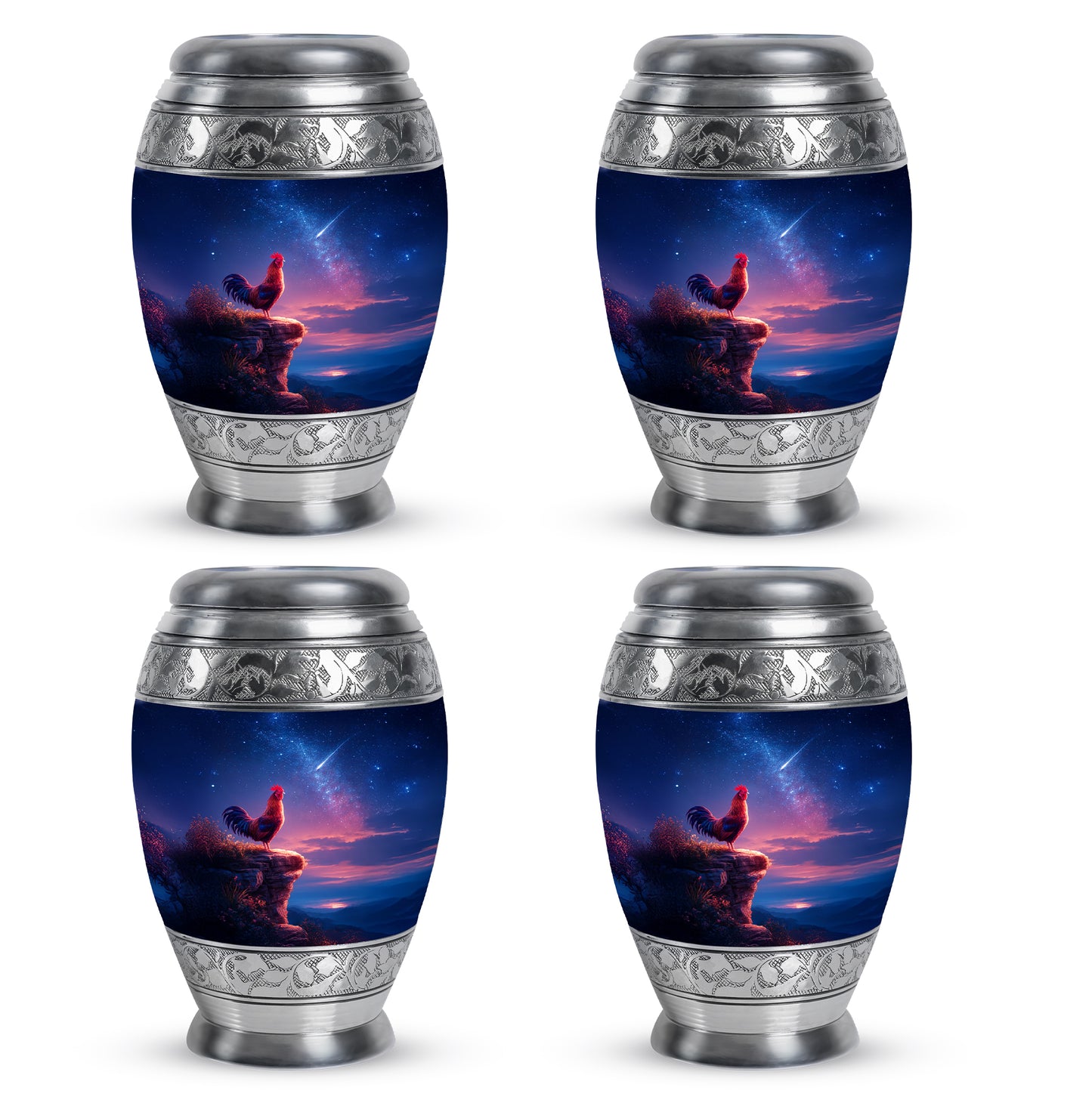 Cobalt Blue Hen Cremation Urn urn with complimentary velvet bag - majestic hen pattern with filigree border - 10 inch aluminum urn for cremated remains