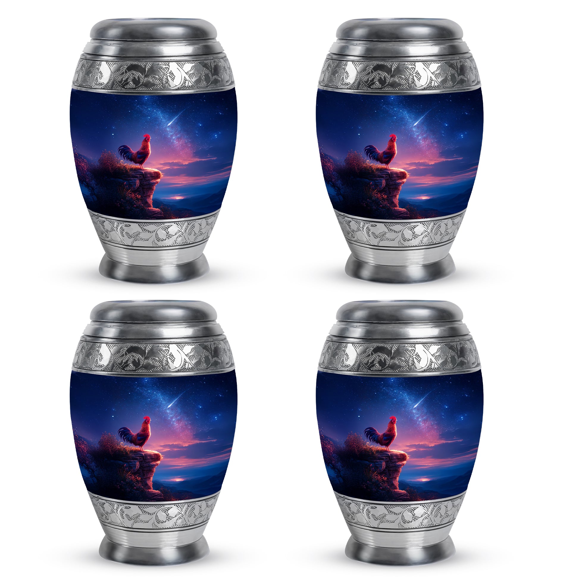 Cobalt Blue Hen Cremation Urn urn with complimentary velvet bag - majestic hen pattern with filigree border - 10 inch aluminum urn for cremated remains