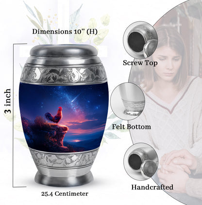 Cornflower Blue Hen Cremation Urn lifestyle display on memorial shelf - majestic hen pattern with filigree border - mini keepsake memorial for portion of cremation ashes