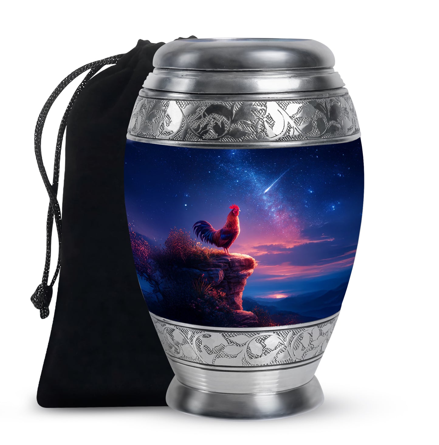 Sky Blue Hen Cremation Urn back view with polished surface - ornate monarch-style hen relief on brushed aluminum - full-size 10 inch 200 cubic inch adult cremation urn