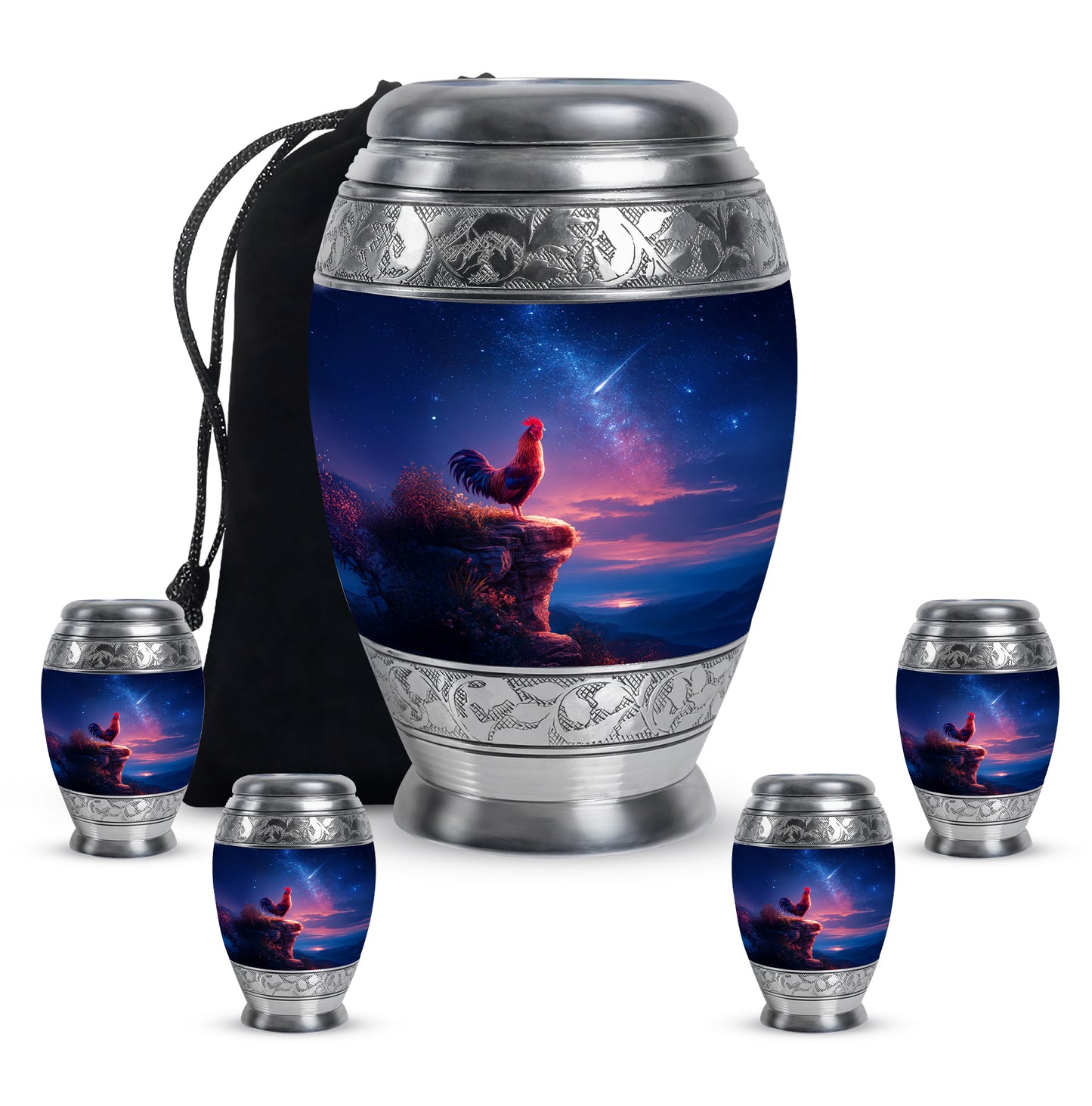 Steel Blue Hen Cremation Urn detail view - royal hen engraving with decorative scrollwork - memorial set with one large and four small urns
