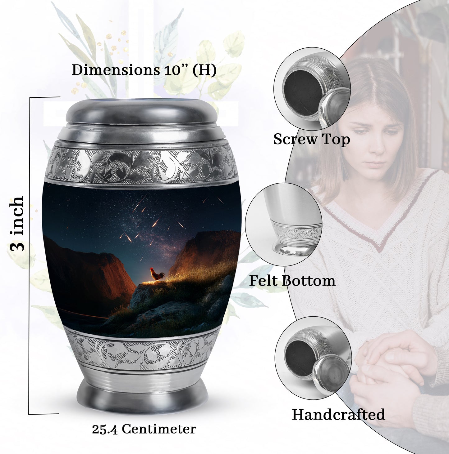 Steel Blue Hen Cremation Urn lifestyle display on memorial shelf - royal hen engraving with decorative scrollwork - mini keepsake memorial for portion of cremation ashes