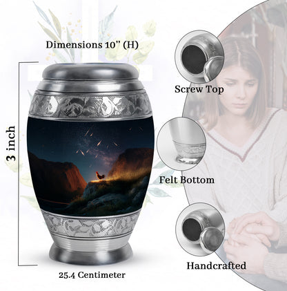 Steel Blue Hen Cremation Urn lifestyle display on memorial shelf - royal hen engraving with decorative scrollwork - mini keepsake memorial for portion of cremation ashes