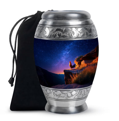 Cobalt Blue Hen Cremation Urn back view with polished surface - majestic hen pattern with filigree border - full-size 10 inch 200 cubic inch adult cremation urn
