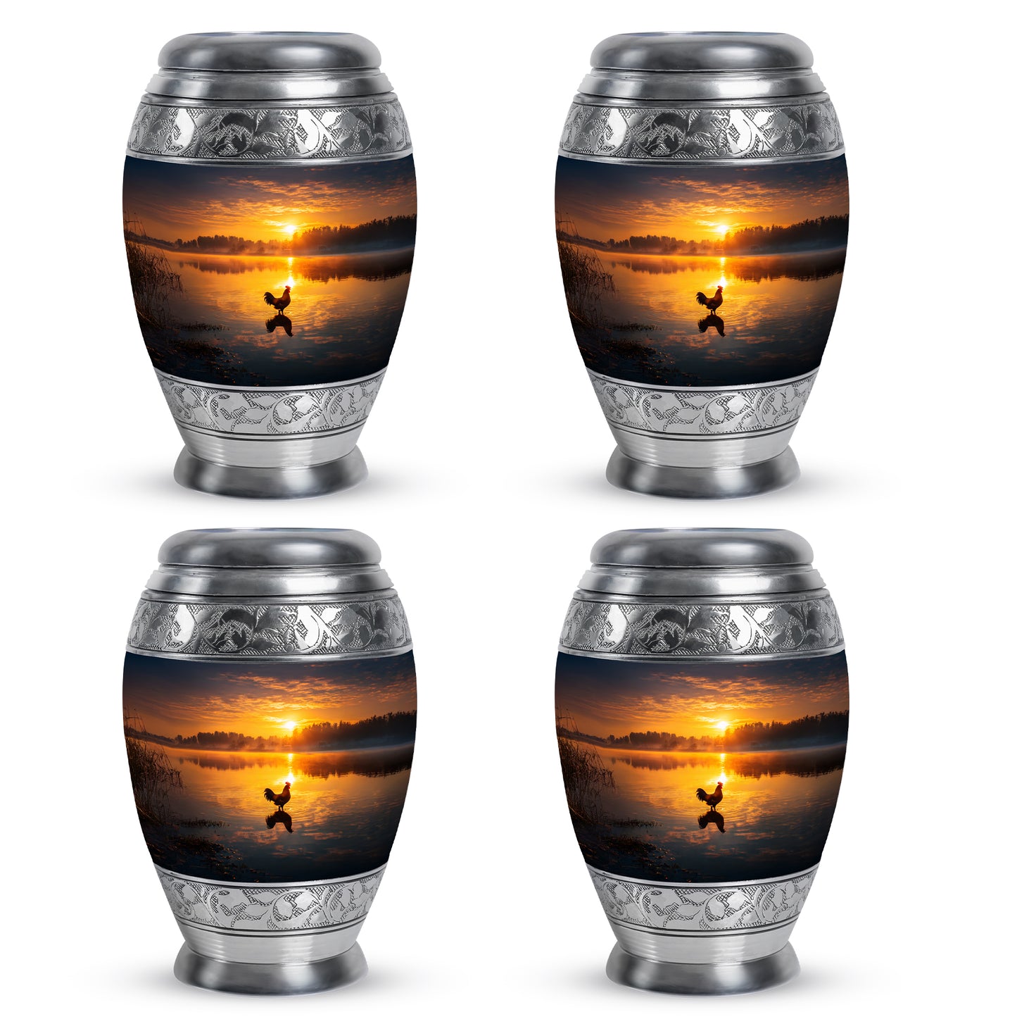 Obsidian Black Hen Cremation Urn urn with complimentary velvet bag - majestic hen pattern with filigree border - 10 inch aluminum urn for cremated remains