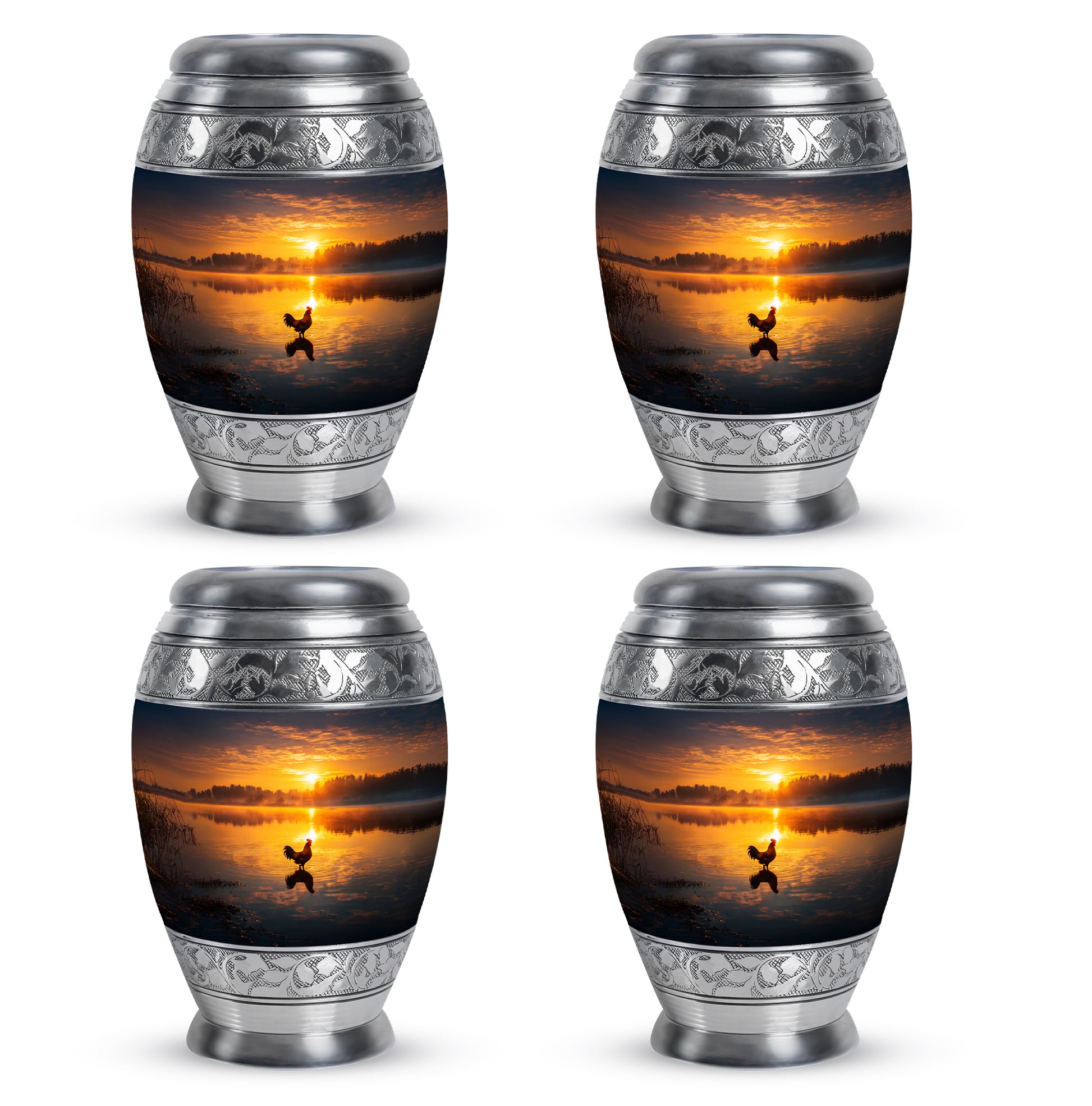 Obsidian Black Hen Cremation Urn urn with complimentary velvet bag - majestic hen pattern with filigree border - 10 inch aluminum urn for cremated remains