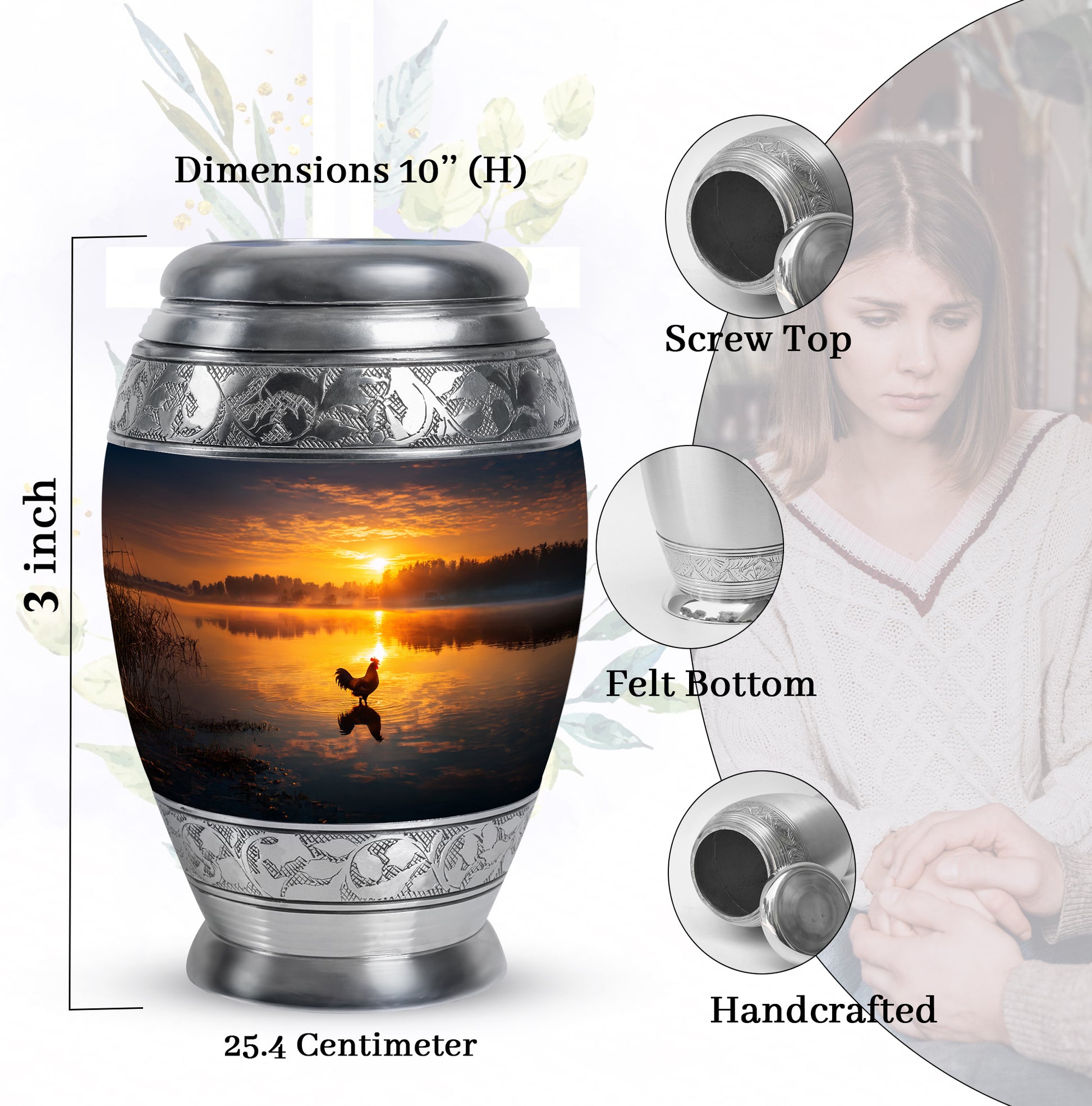 Charcoal Black Hen Cremation Urn lifestyle display on memorial shelf - majestic hen pattern with filigree border - mini keepsake memorial for portion of cremation ashes