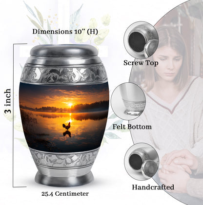 Charcoal Black Hen Cremation Urn lifestyle display on memorial shelf - majestic hen pattern with filigree border - mini keepsake memorial for portion of cremation ashes