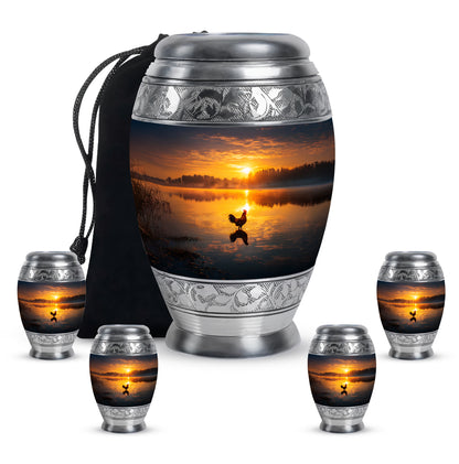 Obsidian Black Hen Cremation Urn detail view - royal hen engraving with decorative scrollwork - memorial set with one large and four small urns