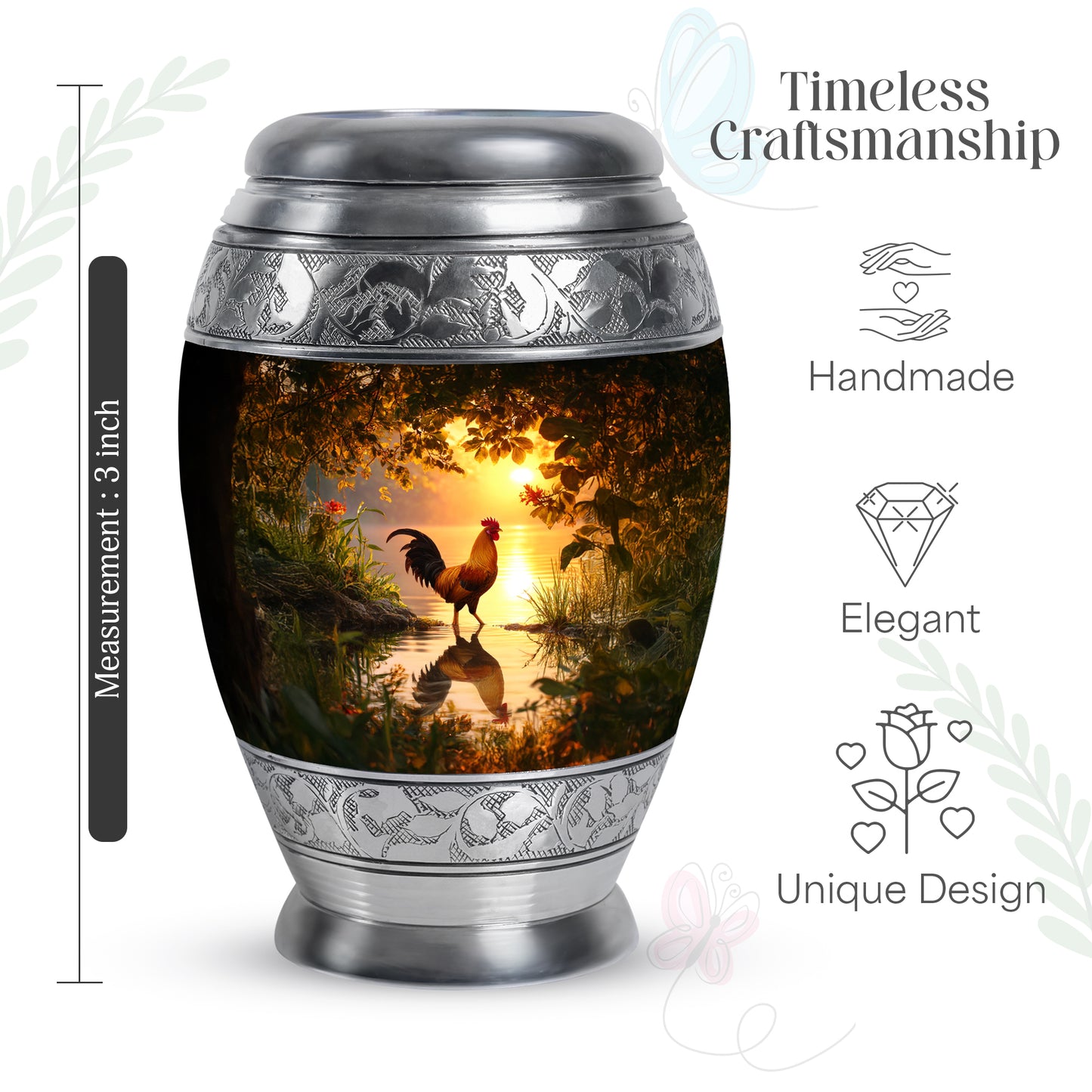 Gilded Gold Hen Cremation Urn lifestyle display on memorial shelf - ornate monarch-style hen relief on brushed aluminum - mini keepsake memorial for portion of cremation ashes