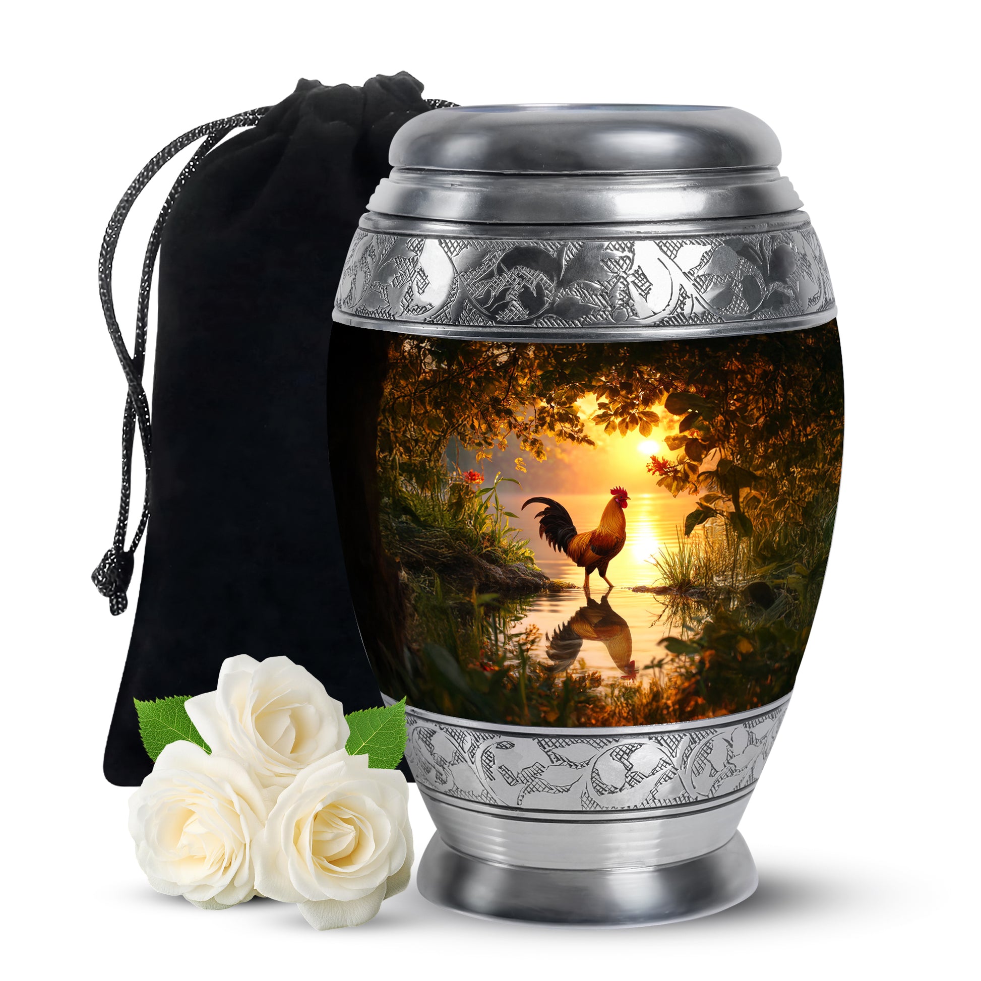 Harvest Gold Hen Cremation Urn back view with polished surface - royal hen engraving with decorative scrollwork - full-size 10 inch 200 cubic inch adult cremation urn