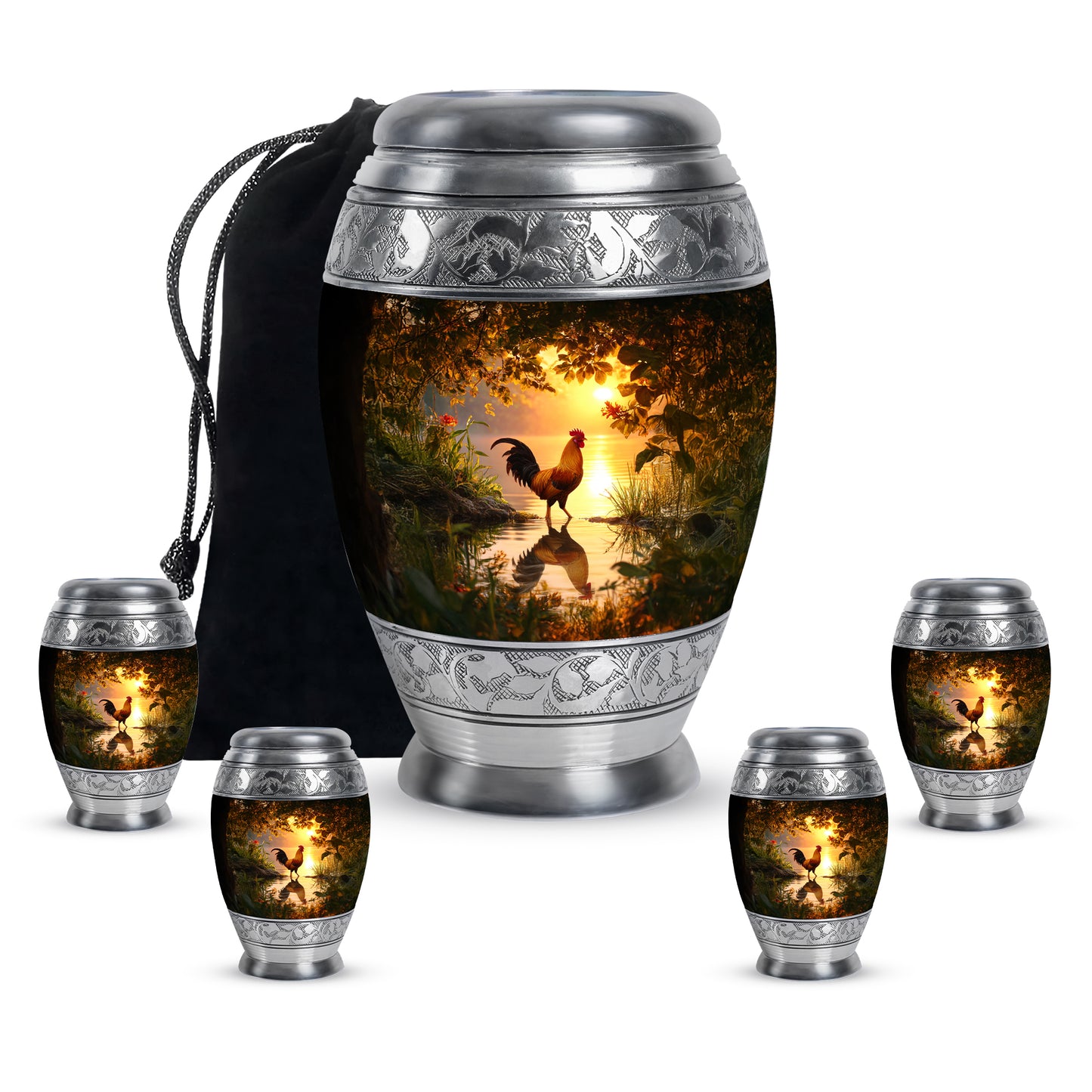 Amber Gold Hen Cremation Urn detail view - ornate monarch-style hen relief on brushed aluminum - memorial set with one large and four small urns