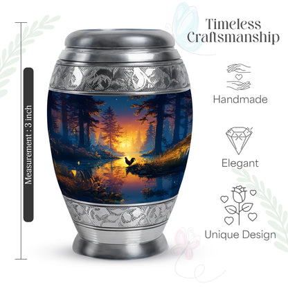 Twilight Blue Hen Cremation Urn lifestyle display on memorial shelf - majestic hen pattern with filigree border - mini keepsake memorial for portion of cremation ashes
