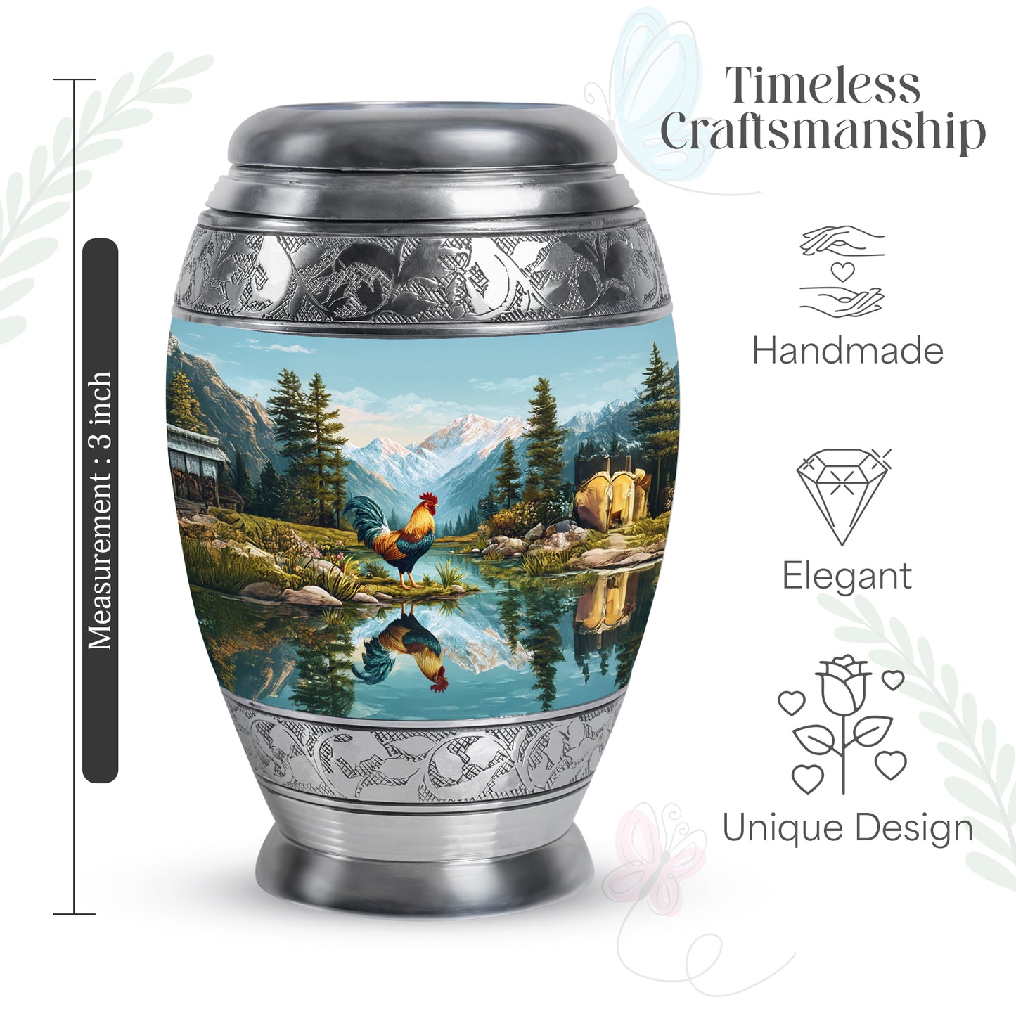 Ocean Teal Hen Cremation Urn lifestyle display on memorial shelf - regal hen design with crown-inspired accents - mini keepsake memorial for portion of cremation ashes