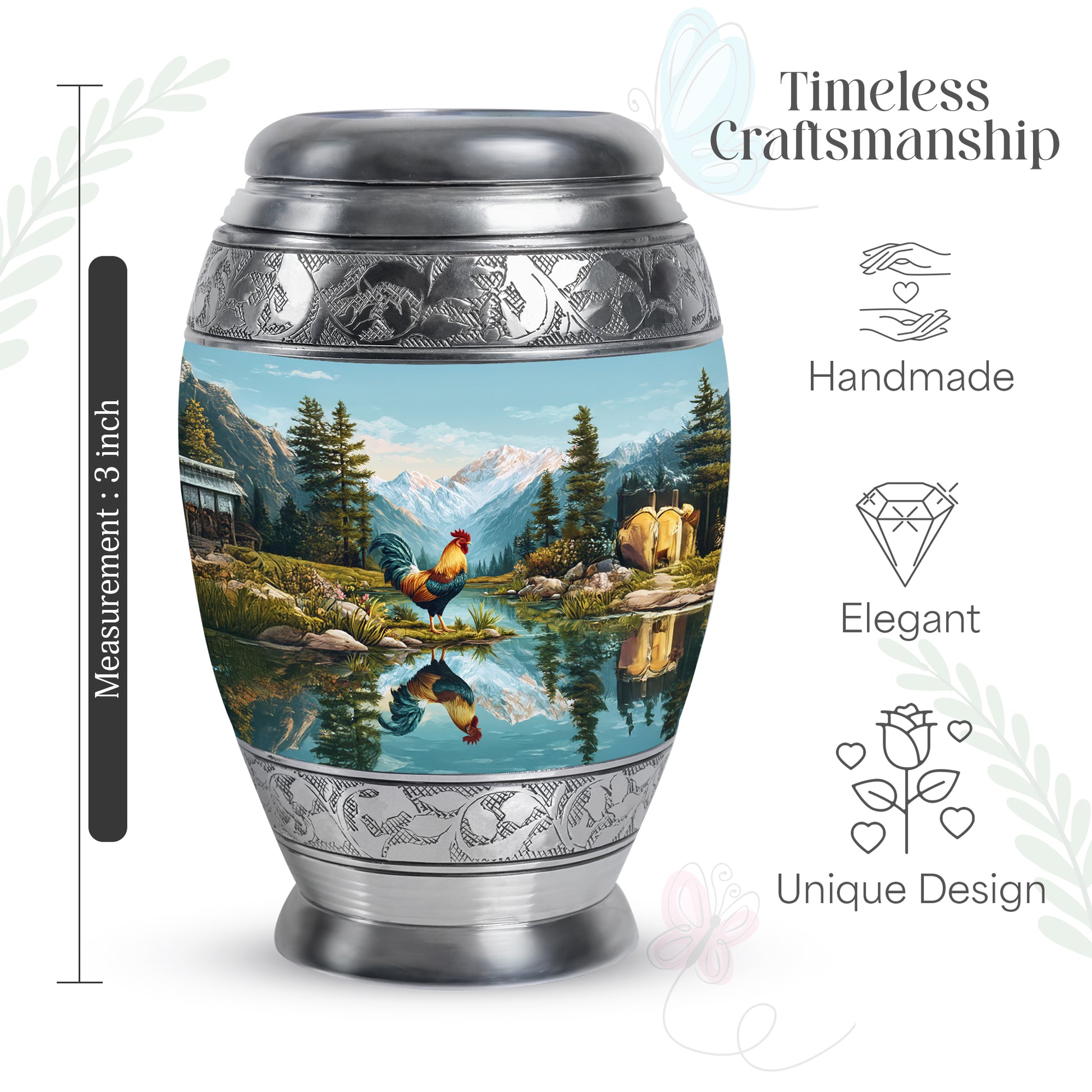 Ocean Teal Hen Cremation Urn lifestyle display on memorial shelf - regal hen design with crown-inspired accents - mini keepsake memorial for portion of cremation ashes