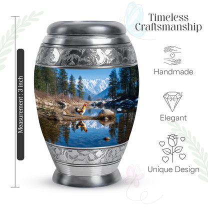 Sky Blue Hen Cremation Urn lifestyle display on memorial shelf - regal hen design with crown-inspired accents - mini keepsake memorial for portion of cremation ashes