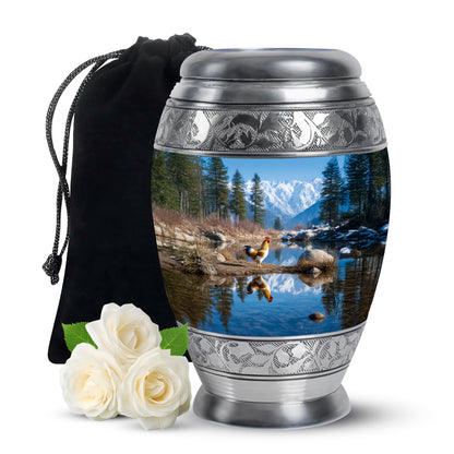 Celestial Blue Hen Cremation Urn back view with polished surface - regal hen design with crown-inspired accents - full-size 10 inch 200 cubic inch adult cremation urn