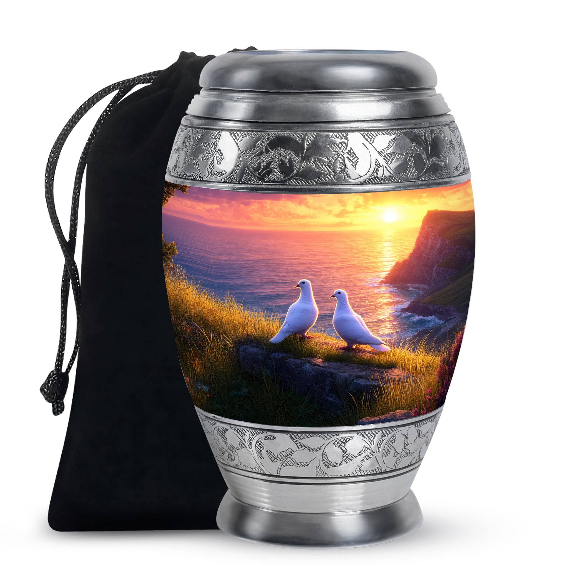 Soft Pink Dove Cremation Urn back view with polished surface - royal dove engraving with decorative scrollwork - full-size 10 inch 200 cubic inch adult cremation urn