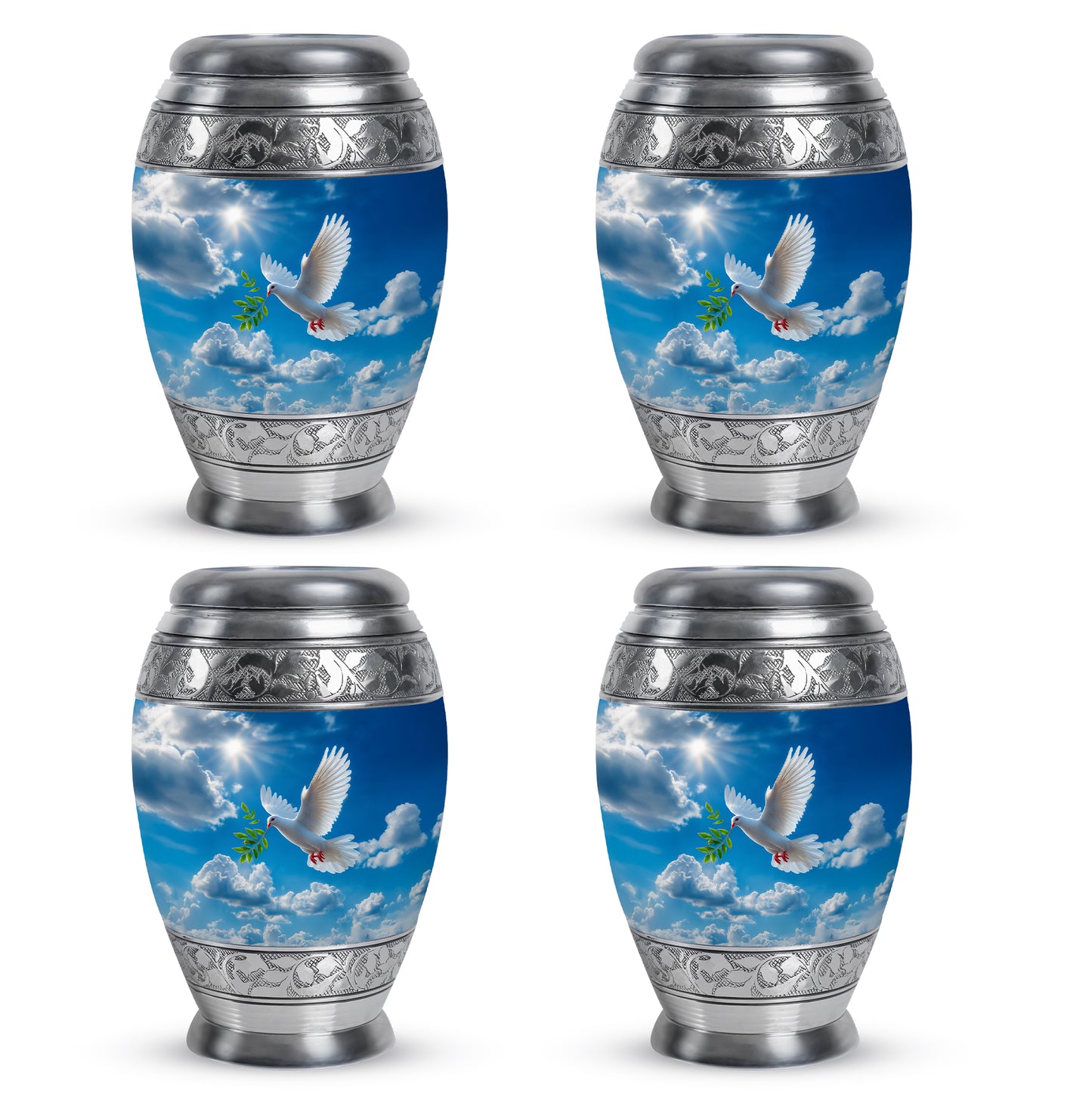 Pastel Blue Dove Cremation Urn urn with complimentary velvet bag - regal dove design with crown-inspired accents - 10 inch aluminum urn for cremated remains