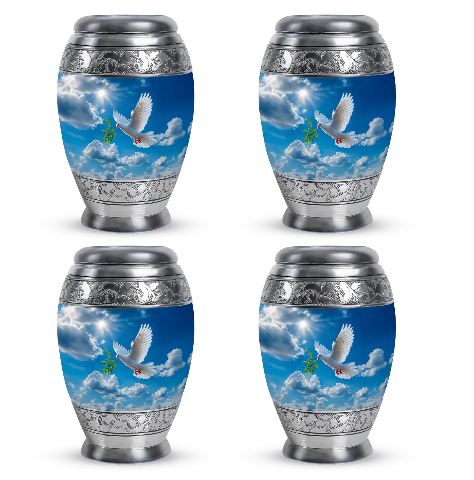 Pastel Blue Dove Cremation Urn urn with complimentary velvet bag - regal dove design with crown-inspired accents - 10 inch aluminum urn for cremated remains