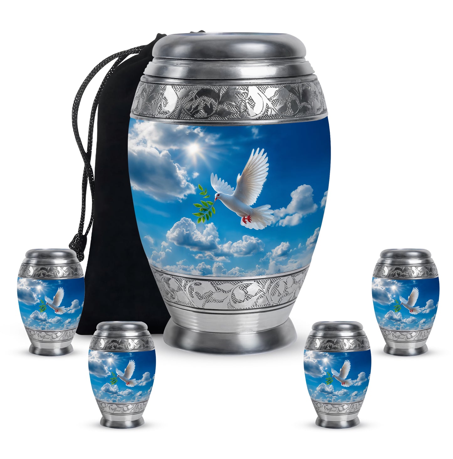 Celestial Blue Dove Cremation Urn detail view - ornate monarch-style dove relief on brushed aluminum - memorial set with one large and four small urns