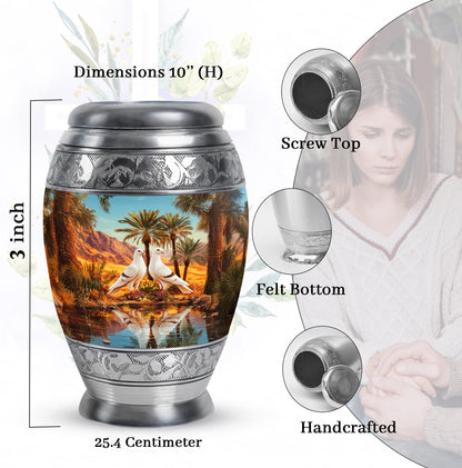 Jewel Teal Dove Cremation Urn lifestyle display on memorial shelf - regal dove design with crown-inspired accents - mini keepsake memorial for portion of cremation ashes