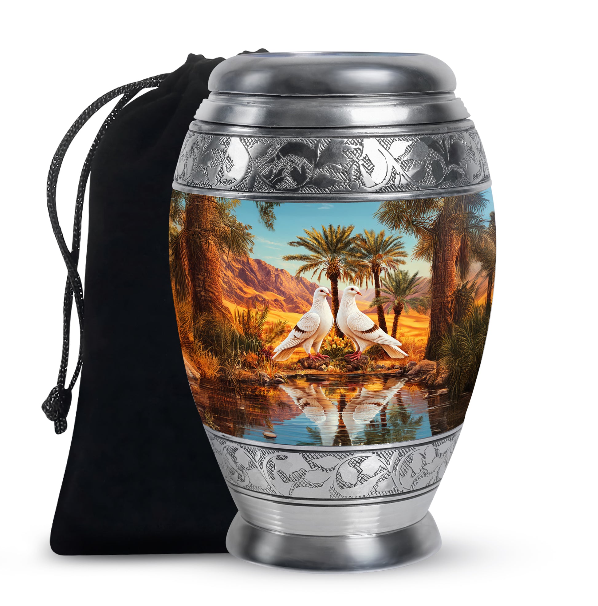 Cool Teal Dove Cremation Urn back view with polished surface - ornate monarch-style dove relief on brushed aluminum - full-size 10 inch 200 cubic inch adult cremation urn