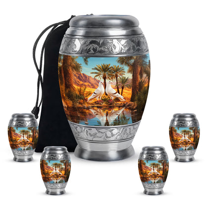 Cool Teal Dove Cremation Urn detail view - regal dove design with crown-inspired accents - memorial set with one large and four small urns