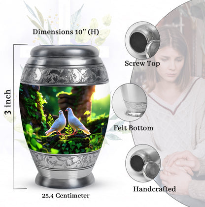 Moss Green Dove Cremation Urn lifestyle display on memorial shelf - ornate monarch-style dove relief on brushed aluminum - mini keepsake memorial for portion of cremation ashes