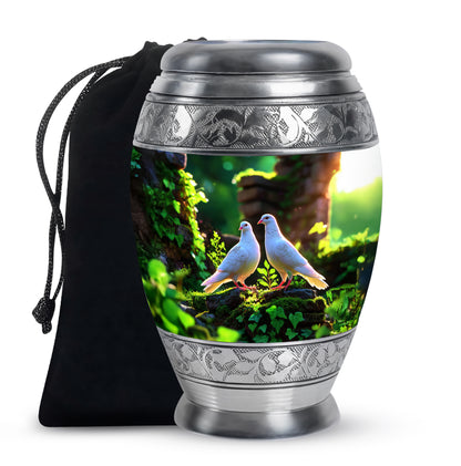 Emerald Green Dove Cremation Urn back view with polished surface - ornate monarch-style dove relief on brushed aluminum - full-size 10 inch 200 cubic inch adult cremation urn