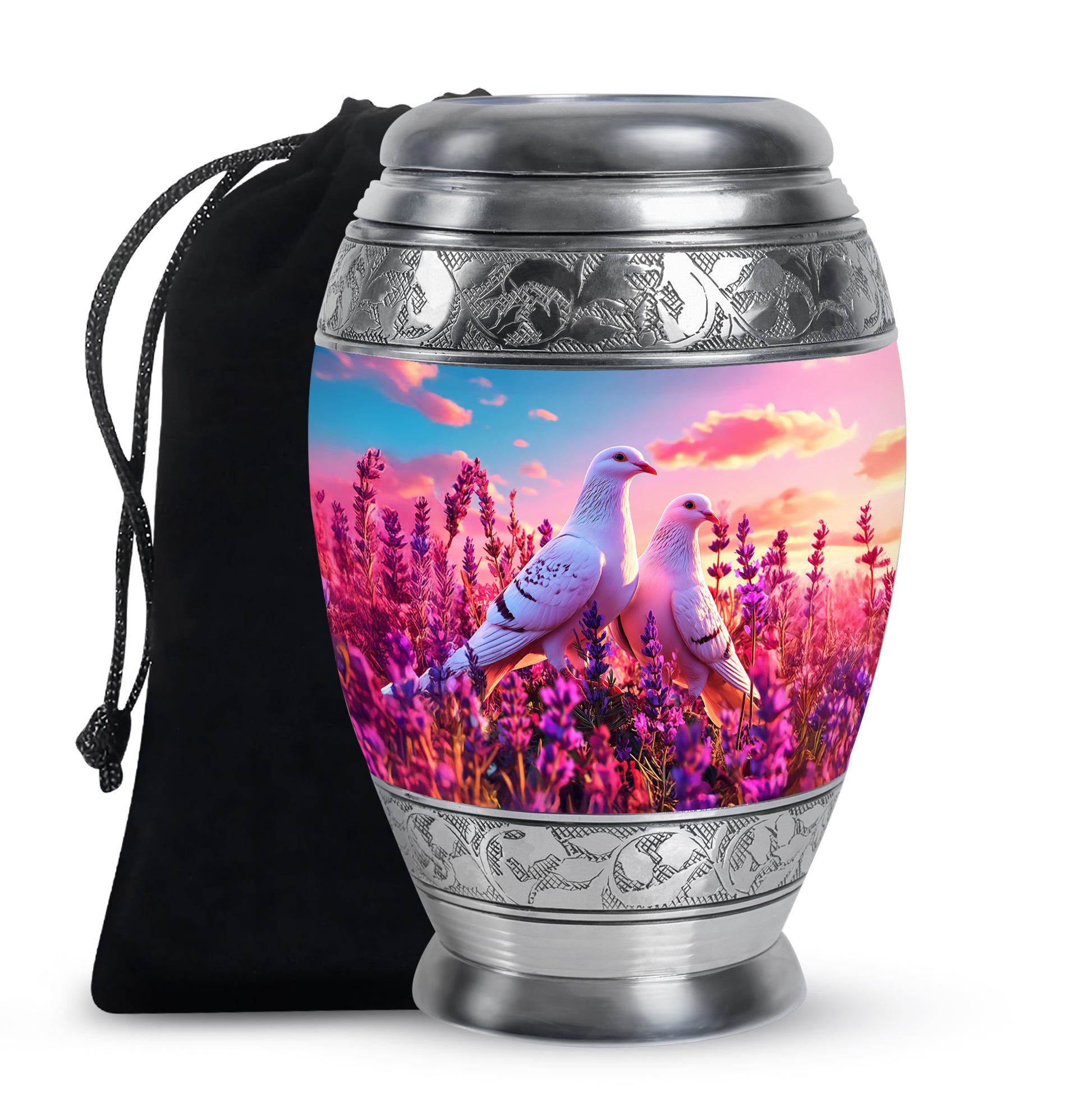 Serene Blue Dove Cremation Urn back view with polished surface - royal dove engraving with decorative scrollwork - full-size 10 inch 200 cubic inch adult cremation urn