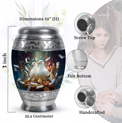 Charcoal Black Dove Cremation Urn lifestyle display on memorial shelf - majestic dove pattern with filigree border - mini keepsake memorial for portion of cremation ashes