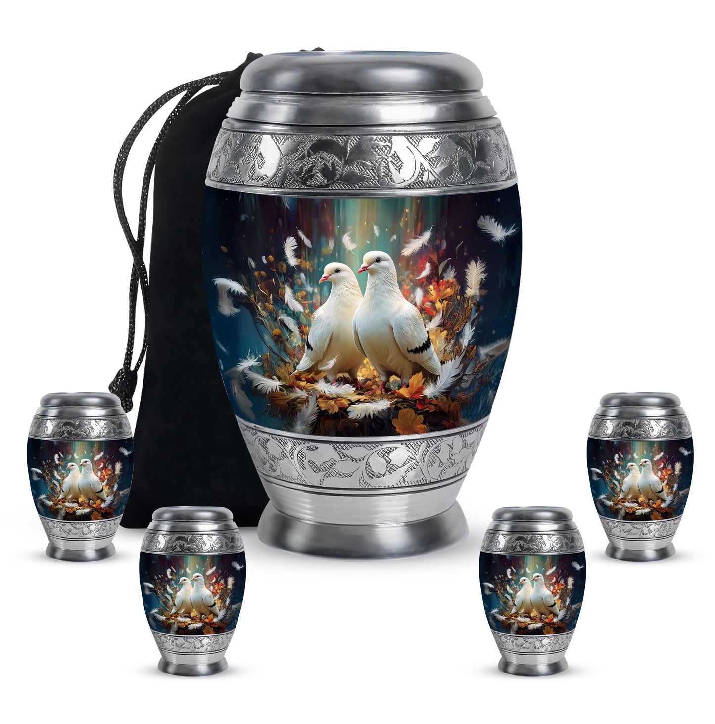 Onyx Black Dove Cremation Urn detail view - royal dove engraving with decorative scrollwork - memorial set with one large and four small urns