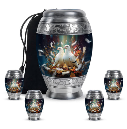Onyx Black Dove Cremation Urn detail view - royal dove engraving with decorative scrollwork - memorial set with one large and four small urns